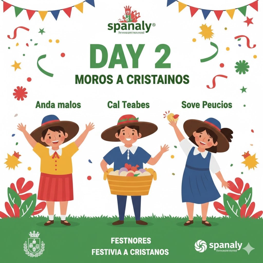 Festive infographic of Day 2 in Alcoy dedicated to Saint George Sant Jordi featuring religious processions and cultural reunions by Spanaly