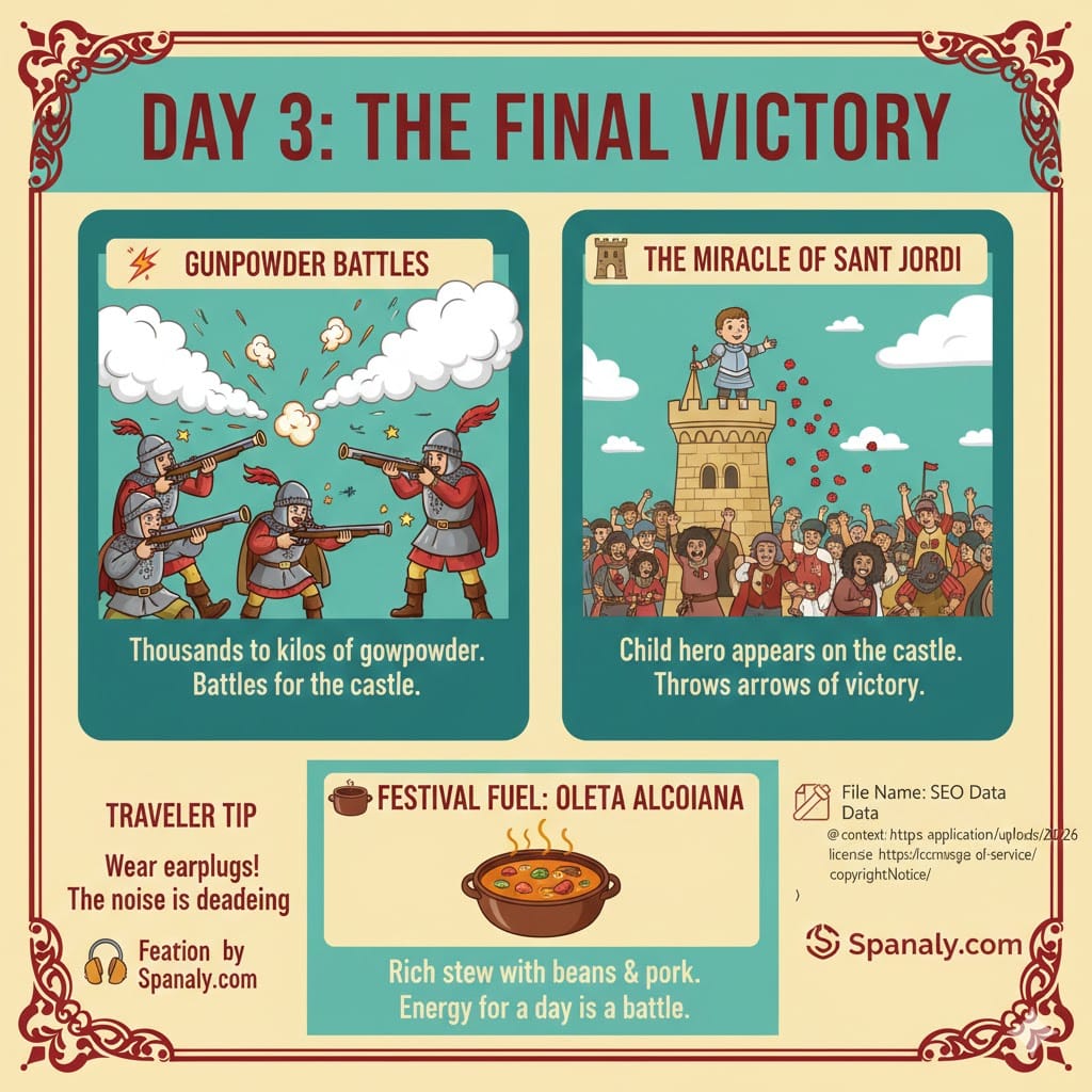 Infographic of Day 3 in Alcoy showing gunpowder battles the miracle of Sant Jordi and the traditional Olleta Alcoiana stew by Spanaly