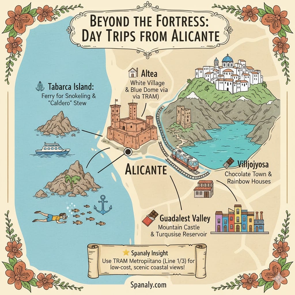 A professional colorful map infographic showing day trips from Alicante. It features Tabarca Island with a ferry and snorkeling icon, the white village of Altea with its blue dome, the mountain fortress of Guadalest Valley near a turquoise reservoir, and the rainbow houses of Villajoyosa. A Spanaly Insight scroll at the bottom highlights the TRAM Metropolitano as a low-cost scenic transport option.