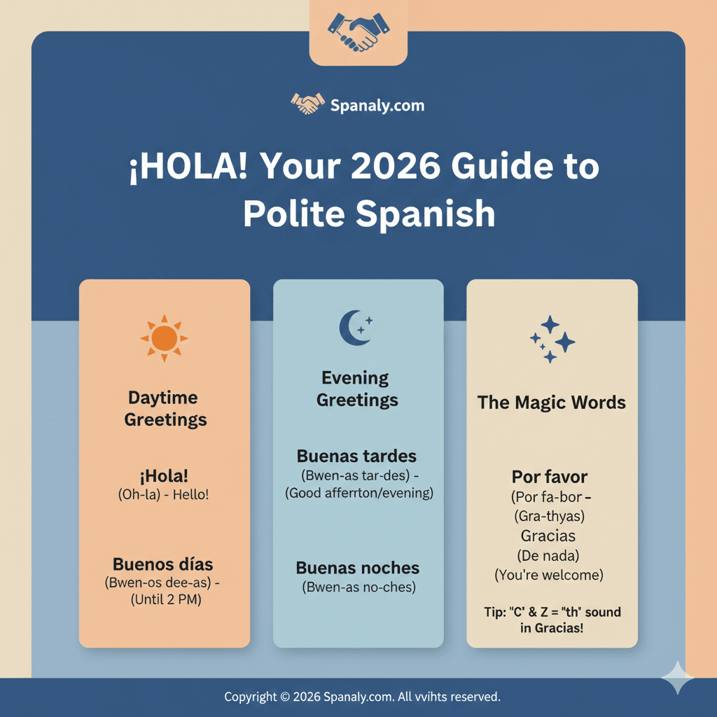 Infographic showing essential Spanish greetings for travelers in 2026, including Hola, Buenos Dias, and Gracias with pronunciation guide.