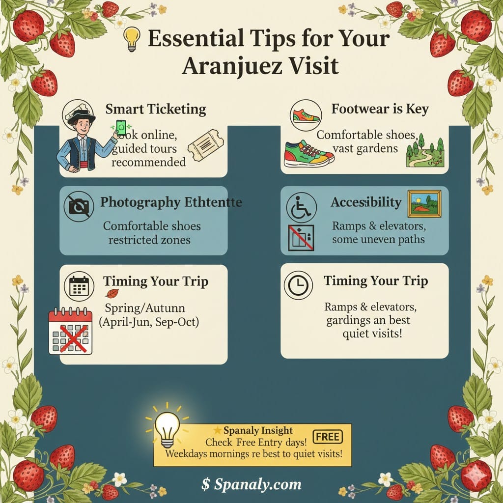 A vibrant and lively 1024x1024 infographic titled 'Essential Tips for Your Aranjuez Visit'. It features colorful illustrations of walking shoes, a historic ticketing character, a seasonal calendar, and accessibility icons. The graphic is framed with fresh strawberries and includes a Spanaly Insight box highlighting free entry days and the Spanaly.com logo.