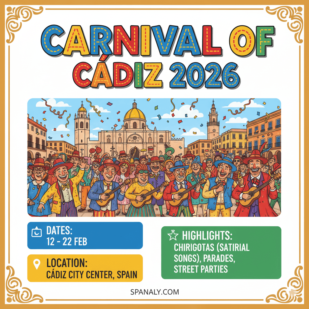 Carnival of Cádiz 2026 Event Card – Festival Dates February 12-22 featuring Chirigotas and Street Celebrations in Cadiz Spain