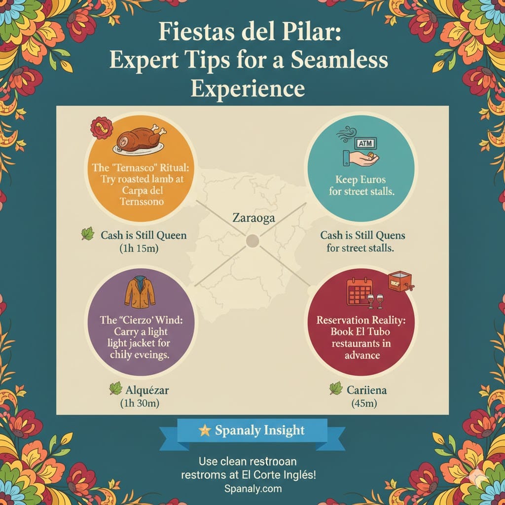 A colorful infographic with expert tips for Fiestas del Pilar. It includes four icons: Ternasco Ritual (roasted lamb), Cash is Queen (Euros for street stalls), The Cierzo Wind (light jacket for evenings), and Reservation Reality (booking El Tubo restaurants). A Spanaly Insight banner at the bottom recommends using restrooms at El Corte Inglés. Decorated with floral motifs. Logo: Spanaly.com.