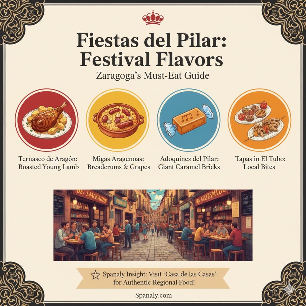 A delicious food infographic for Fiestas del Pilar in Zaragoza. It features four circular icons showcasing: Ternasco de Aragón (roasted lamb), Migas Aragonesas (breadcrumbs with grapes), Adoquines del Pilar (caramel candy), and Tapas in El Tubo district. The bottom shows a lively street scene of people enjoying tapas. Logo at bottom: Spanaly.com.