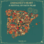 Illustrated map of Spain with Zaragoza highlighted, featuring symbols of Fiestas del Pilar such as flowers, folkloric dancers, and festival lights.