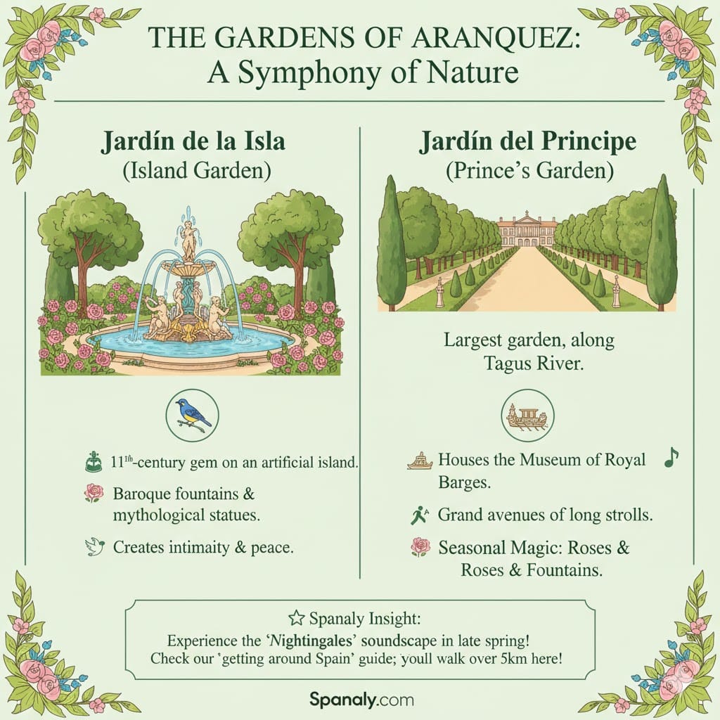 A serene and colorful 1024x1024 infographic titled 'The Gardens of Aranjuez: A Symphony of Nature'. It compares the 'Jardín de la Isla' with its Baroque fountains and the 'Jardín del Príncipe' with its grand riverside avenues. The graphic features floral illustrations, musical notes, a nightingale icon, and a Spanaly Insight box about the spring soundscape.