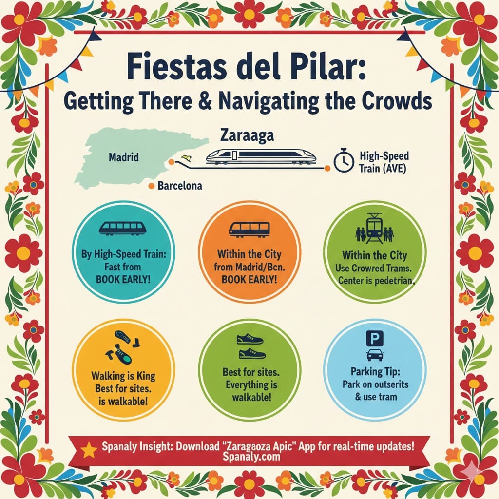A logistics infographic for Fiestas del Pilar in Zaragoza. It shows a map indicating Zaragoza's location between Madrid and Barcelona with a high-speed train (AVE). It includes icons for walking, tram systems, and parking tips. Bottom banner features a Spanaly Insight about downloading the local transport app. Decorated with a colorful floral border. Logo: Spanaly.com.