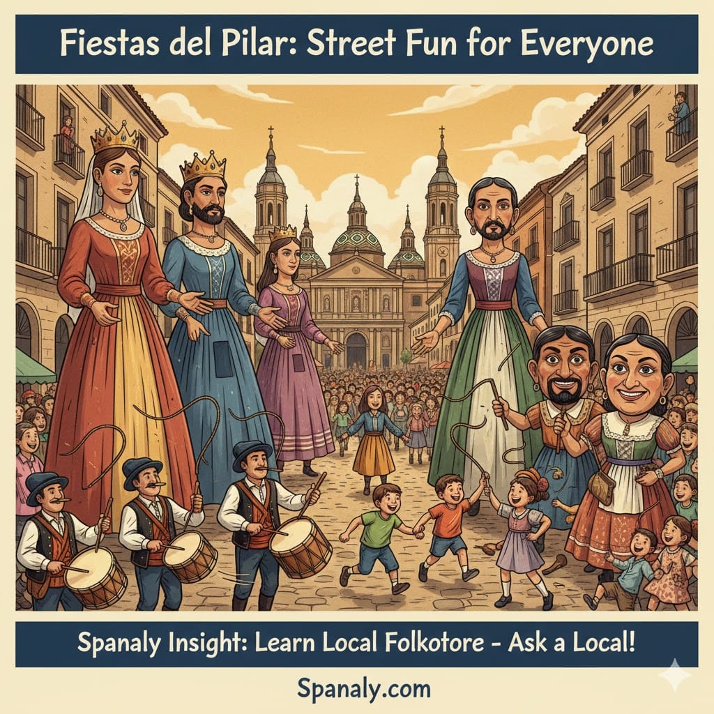 A vibrant infographic showing the Gigantes y Cabezudos parade in Zaragoza. It features towering giant figures of kings and queens (Gigantes) alongside mischievous characters with oversized heads (Cabezudos) interacting with children in a festive plaza. Musicians with traditional drums are playing in the foreground. Text: Street Fun for Everyone. Logo at bottom: Spanaly.com.