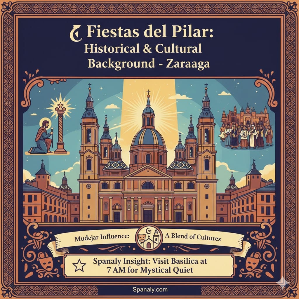 An artistic infographic showing the historical origins of Fiestas del Pilar in Zaragoza. It features the Basilica del Pilar with a divine light, a small illustration of St. James and the sacred pillar, and a group of people in traditional costumes. Includes a banner mentioning Mudejar influence and a Spanaly Insight tip about visiting the Basilica at 7 AM. Logo at bottom: Spanaly.com.