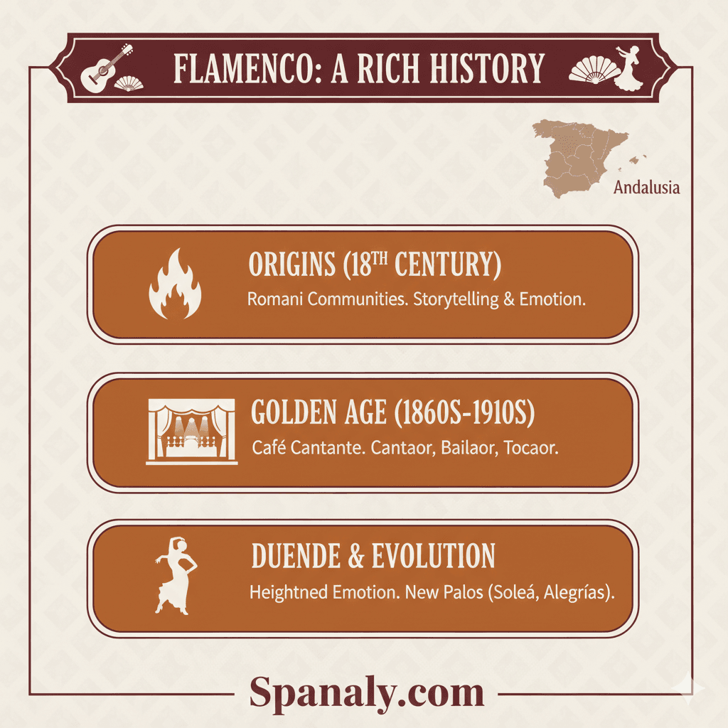 Infographic showing the history of authentic flamenco in Spain, from its 18th-century roots to the Golden Age and major styles like Soleá and Alegrías by Spanaly.com.