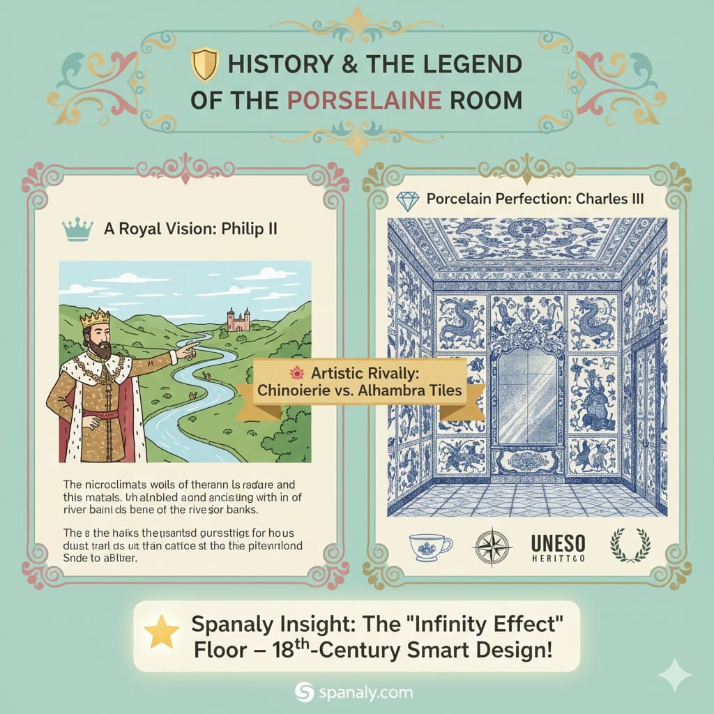 A colorful 1024x1024 infographic titled 'History & The Legend of the Porcelain Room'. It features an illustration of King Philip II overlooking the Tagus River and a detailed view of the famous Porcelain Room with its 18th-century Chinoiserie tiles. The graphic includes a Spanaly Insight box about the 'Infinity Effect' floor and the Spanaly.com logo.
