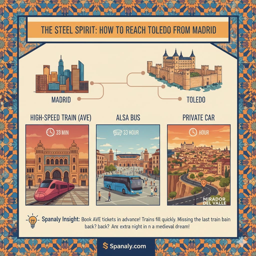 A colorful infographic titled The Steel Spirit: How to Reach Toledo from Madrid. It illustrates three transport options: High-Speed Train (AVE) taking 33 minutes, ALSA Bus, and Private Car via Mirador del Valle, featuring icons of Madrid and Toledo with the Spanaly logo.
