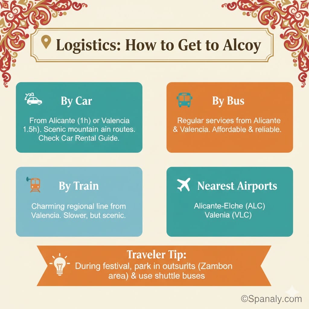 Logistics infographic showing how to get to Alcoy by car bus and train including nearest airports for the festival by Spanaly