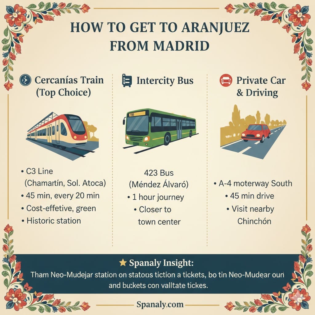 A clean and helpful 1024x1024 infographic titled 'How to Get to Aranjuez from Madrid'. It illustrates three transport options: the Cercanías Train (C3 line), the Intercity Bus (423 line), and Private Car (A-4 motorway). Each section includes travel times and key benefits. A Spanaly Insight box at the bottom provides tips on the historic station and ticket validation.