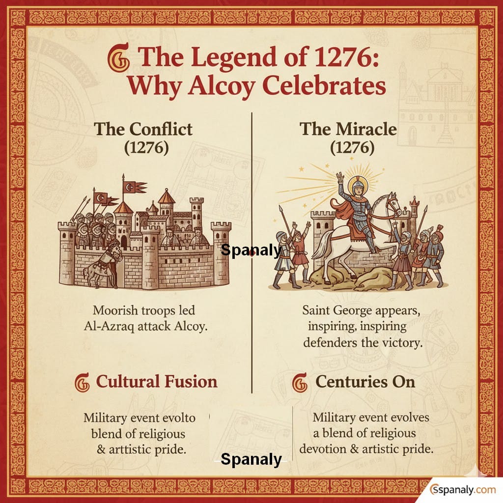 Infographic showing the 1276 Battle of Alcoy with the legend of Saint George appearing on the castle walls by Spanaly
