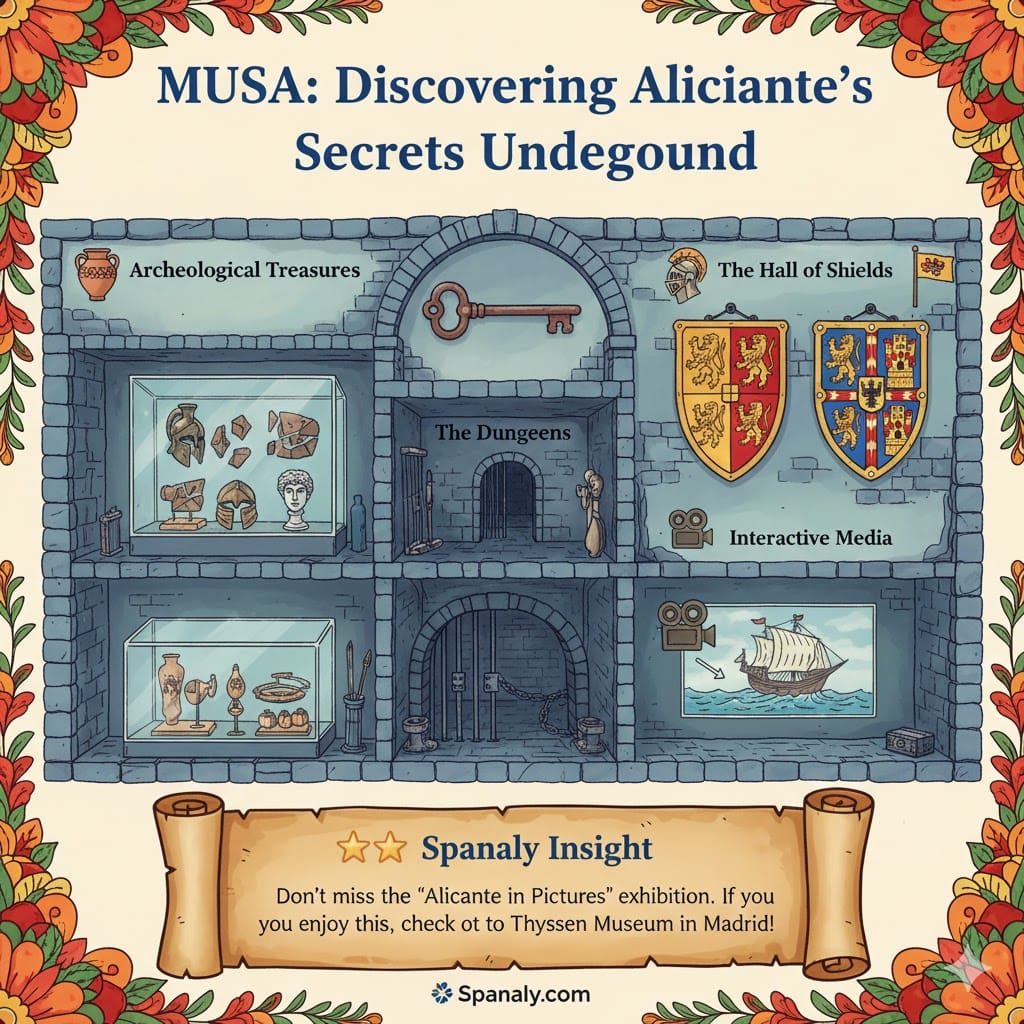 A colorful professional infographic for MUSA (Alicante City Museum) inside Castillo de Santa Bárbara. The illustration features a stone-walled layout showing archaeological treasures, medieval dungeons with an ancient key, and the Hall of Shields with noble heraldry. It includes an interactive media section and a Spanaly Insight scroll at the bottom recommending the Thyssen Museum in Madrid.