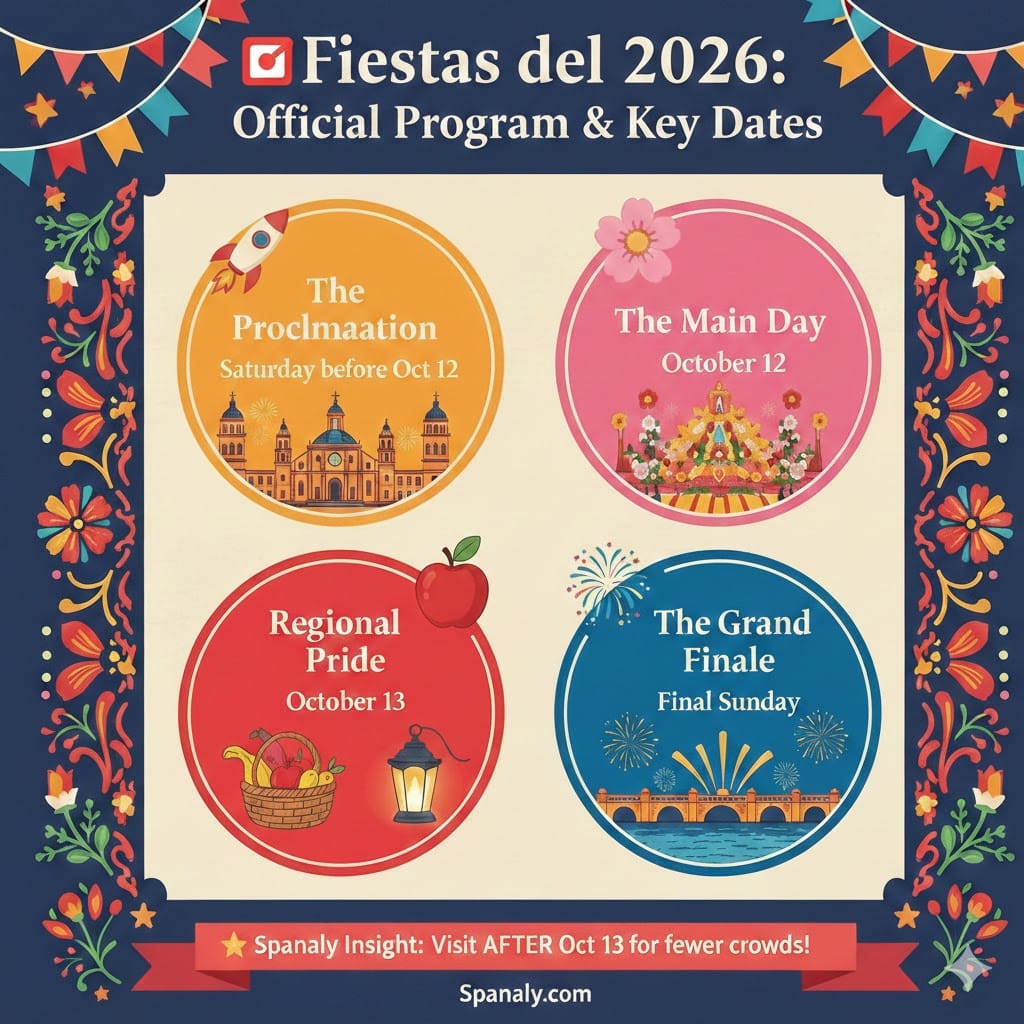 A colorful and festive infographic for Fiestas del Pilar 2026. It highlights four key events: The Proclamation (Saturday before Oct 12), The Main Day (October 12), Regional Pride (October 13), and The Grand Finale (Final Sunday). Decorated with flowers, fireworks, and Spanish festival motifs. Text at the bottom: Spanaly Insight: Visit AFTER Oct 13 for fewer crowds. Logo: Spanaly.com.
