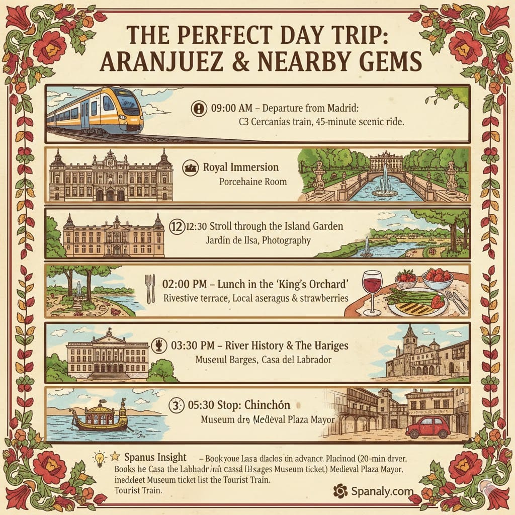 A beautifully designed 1024x1024 timeline infographic titled 'The Perfect Day Trip: Aranjuez & Nearby Gems'. It outlines a full-day schedule starting with the C3 train from Madrid, followed by the Royal Palace, the Island Garden, a riverside lunch, the Museum of Royal Barges, and a bonus stop in Chinchón. The graphic features elegant floral borders, classical sketches of the palace, and a Spanaly Insight box.