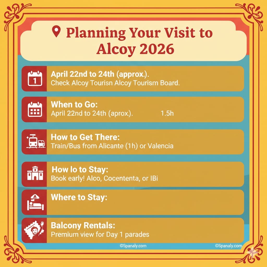 Logistics infographic for planning a visit to Alcoy festival 2026 including dates transport and accommodation tips by Spanaly