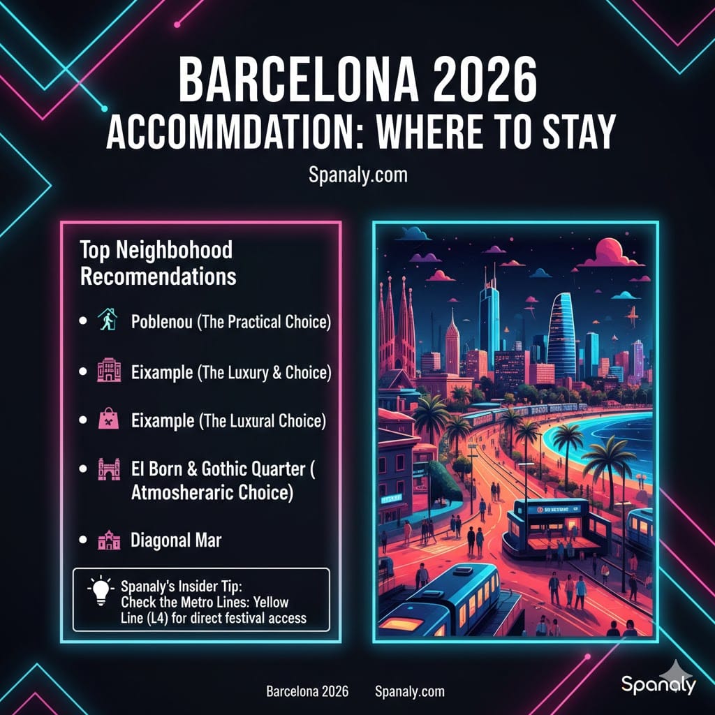 Infographic of the best neighborhoods to stay in Barcelona for Primavera Sound 2026, featuring Poblenou, Eixample, El Born, and Diagonal Mar with proximity to Metro Line L4, by Spanaly.com.