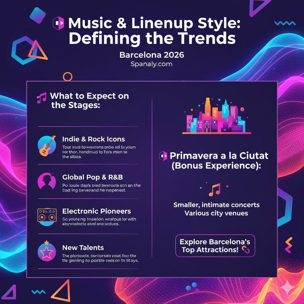 Infographic showing Primavera Sound Barcelona 2026 music genres including Indie, Rock, Global Pop, and Electronic Pioneers, plus details about the Primavera a la Ciutat city concerts, by Spanaly.com.