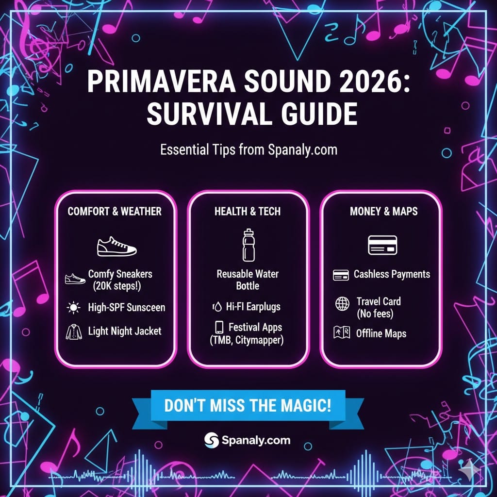 A vibrant 'Survival Guide' infographic for Primavera Sound Barcelona 2026, featuring essential tips on comfort, health, tech, and money for festival-goers, by Spanaly.com.