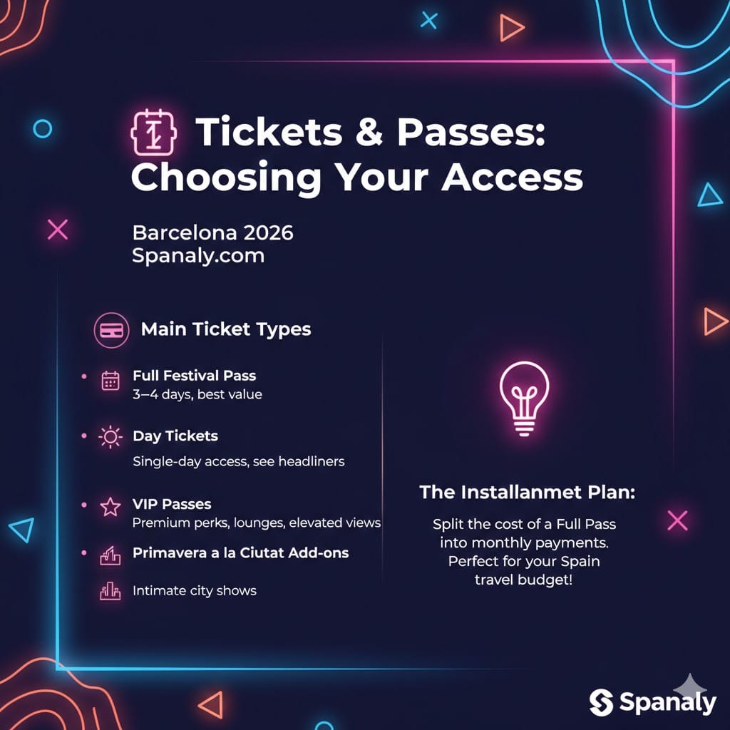 Infographic guide for Primavera Sound Barcelona 2026 ticket types, including Full Festival Pass, Day Tickets, VIP options, and the monthly installment payment plan by Spanaly.com.