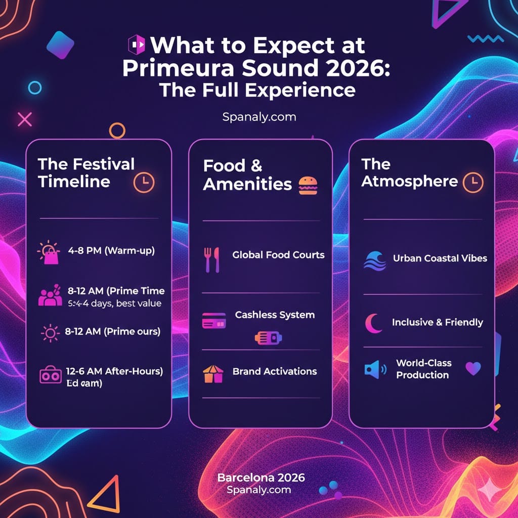Infographic of the Primavera Sound Barcelona 2026 experience, featuring the festival timeline from warm-up to after-hours, food and amenities, and the urban coastal atmosphere, by Spanaly.com.