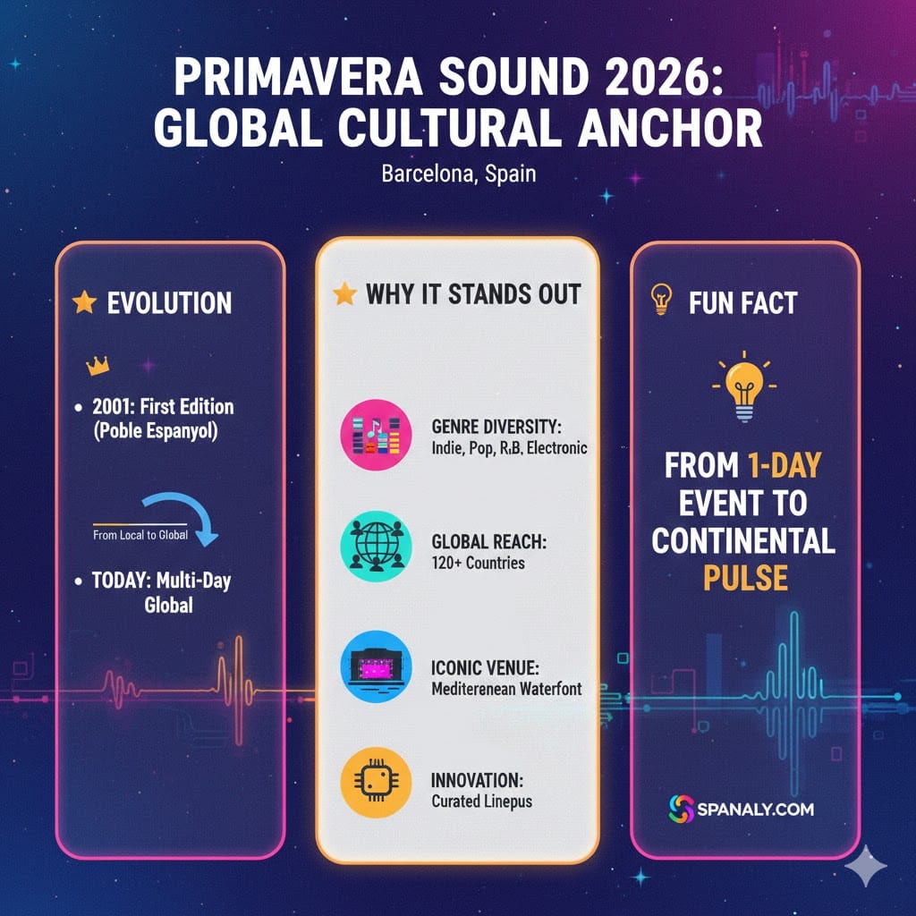 Infographic of Primavera Sound Barcelona 2026 overview, highlighting its evolution from 2001, global reach of 120+ countries, genre diversity, and its status as a continental musical pulse, by Spanaly.com.