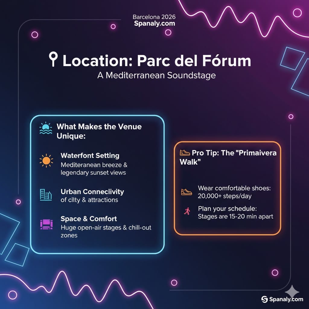 Infographic of Parc del Fòrum, the venue for Primavera Sound Barcelona 2026, highlighting the waterfront setting, urban connectivity, and pro tips for the 'Primavera Walk' between stages, by Spanaly.com.