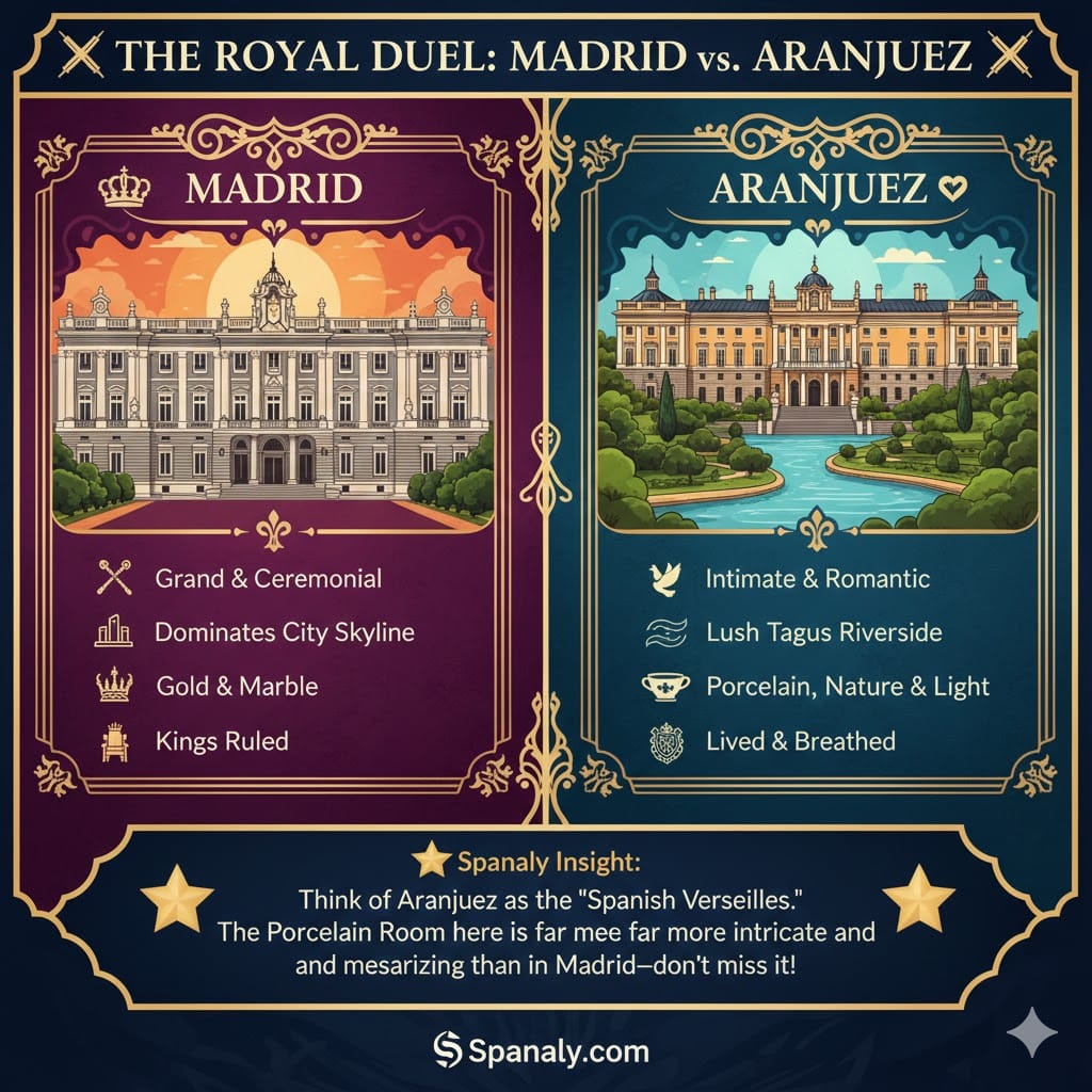 A professional 1024x1024 comparison infographic titled 'The Royal Duel: Madrid vs. Aranjuez'. It contrasts the grand, ceremonial Royal Palace of Madrid with the intimate, riverside Royal Palace of Aranjuez. The graphic highlights differences in atmosphere, landscape, and artistic focus, featuring the Spanaly.com logo and a Spanaly Insight box.