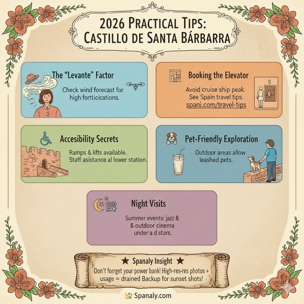 A colorful professional infographic for 2026 visitors to Castillo de Santa Bárbara in Alicante. The graphic highlights five insider tips: checking the 'Levante' wind factor, booking the mountain elevator to avoid cruise peaks, accessibility secrets for mobility, pet-friendly rules for leashed dogs, and special night visits for summer events like jazz and cinema. A Spanaly Insight scroll at the bottom reminds travelers to bring a power bank.