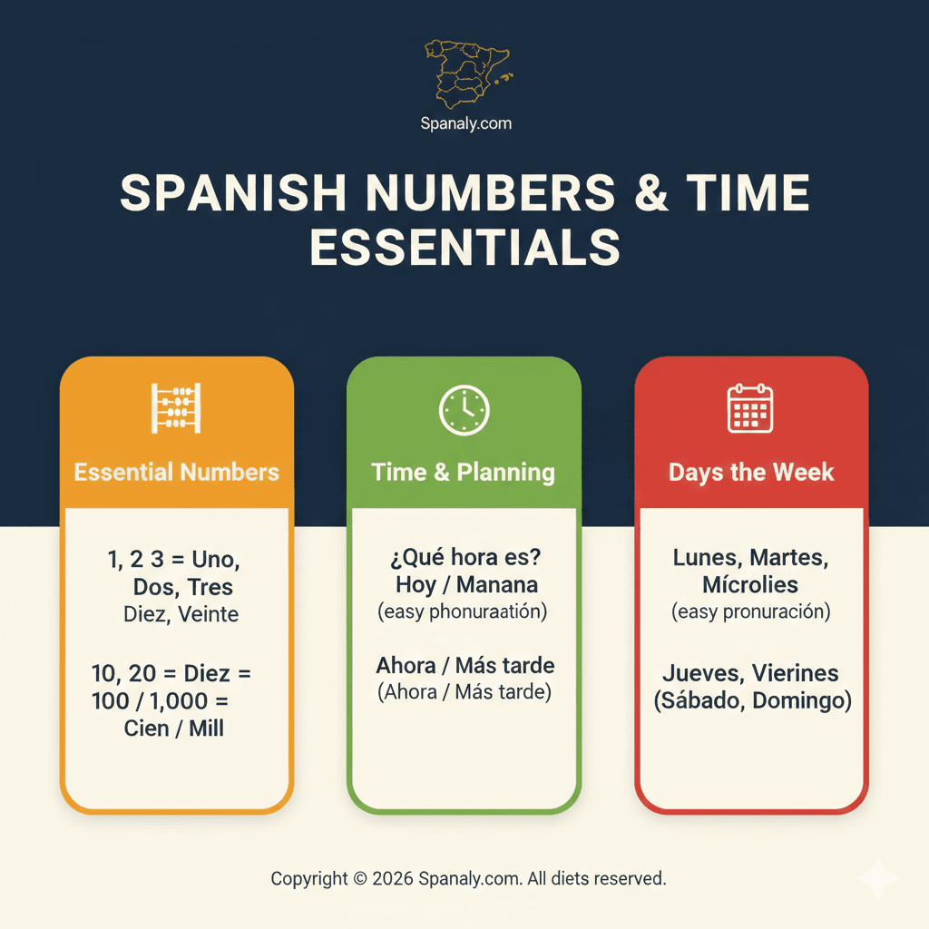 Helpful infographic for travelers by Spanaly featuring Spanish numbers, time expressions, and days of the week with easy pronunciation.