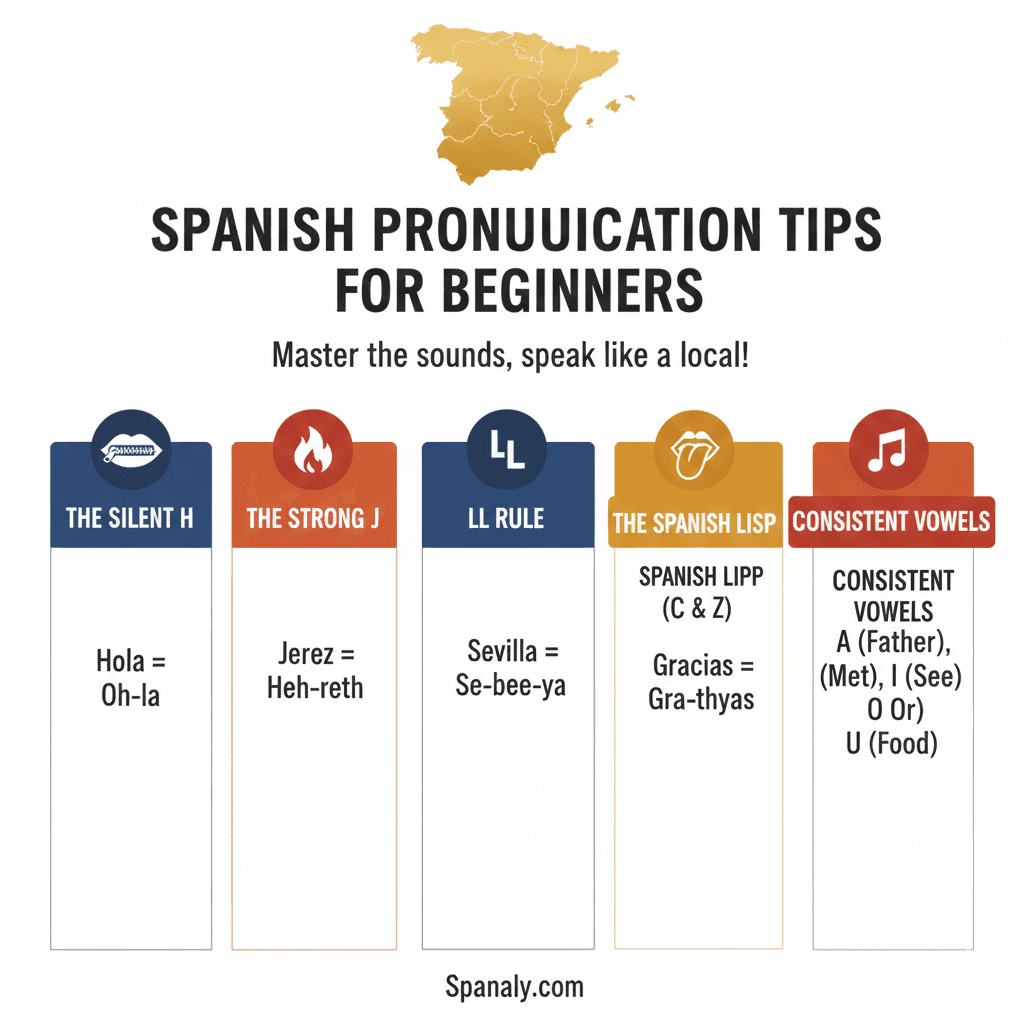Comprehensive Spanish pronunciation guide for travelers by Spanaly, featuring the silent H, double LL rule, and Spanish vowels with easy examples.