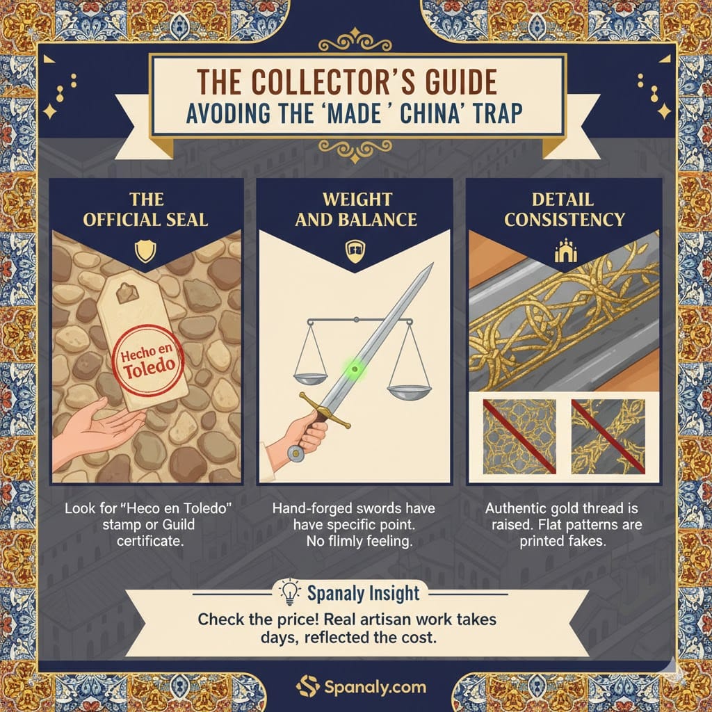 A colorful infographic titled The Collector’s Guide: Avoiding the ‘Made in China’ Trap. It displays three panels: the official "Hecho en Toledo" seal, a sword on a balance scale for weight testing, and a close-up of raised gold thread on authentic Damasquino compared to flat fakes, including the Spanaly logo.