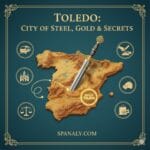 A professional cover image for a Toledo travel guide. It features a 3D map of Spain with a large, ornate Toledo sword engraved with gold Damasquino patterns at its center. Surrounding the map are icons representing high-speed trains, the Cathedral, marzipan, and tax-free shopping, with the title 'Toledo: City of Steel, Gold & Secrets' and the Spanaly.com logo.