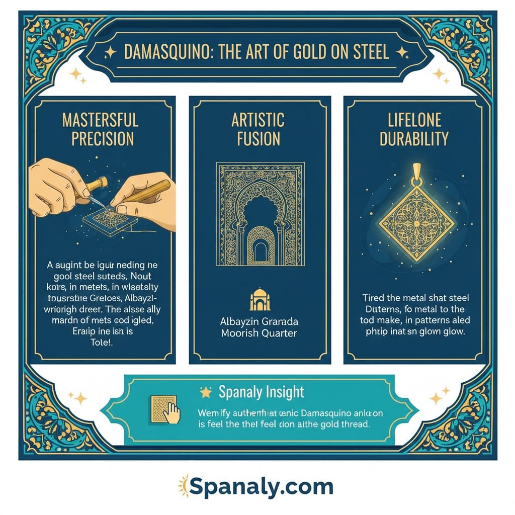 An infographic about Damasquino art in Toledo, showing the process of inlaying gold into steel. It features sections on masterful precision, artistic fusion with the Albayzin Granada Moorish Quarter, and lifelong durability, including the Spanaly logo.
