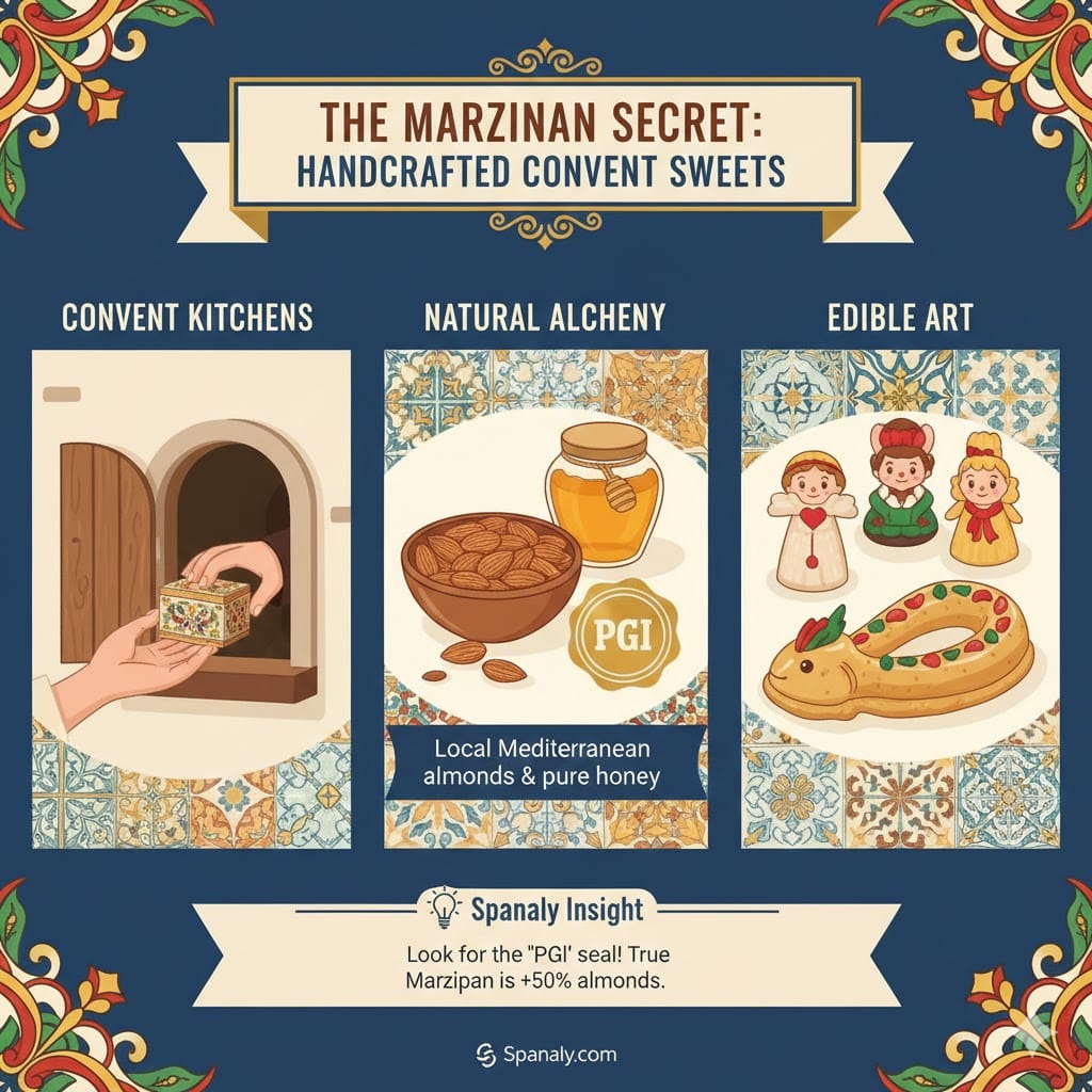 A colorful infographic about Toledo Marzipan titled The Marzipan Secret: Handcrafted Convent Sweets. It illustrates convent kitchens with revolving windows, natural ingredients like almonds and honey with the PGI seal, and edible art figures like the Anguila, including the Spanaly logo.