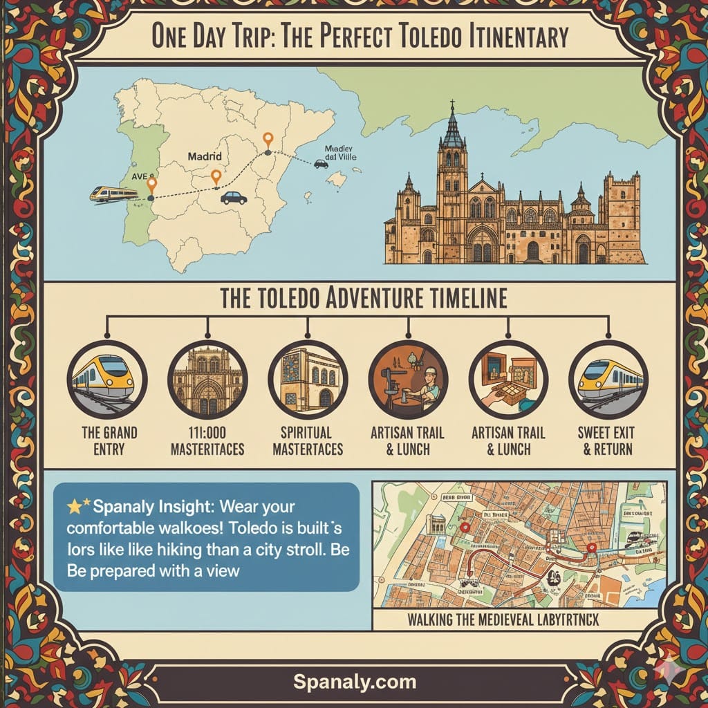 A comprehensive infographic titled One Day Trip: The Perfect Toledo Itinerary. It features a map of Spain showing the route from Madrid to Toledo, a timeline of activities from the Grand Entry to the Sweet Exit, a walking map of the medieval labyrinth, and a Spanaly Insight box advising on comfortable walking shoes for the city's steep hills.