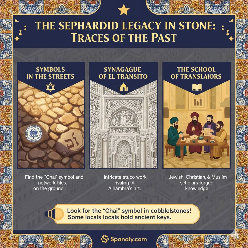 A colorful infographic titled The Sephardic Legacy in Stone: Traces of the Past. It features icons for symbols in the streets, the Synagogue of El Tránsito, and the School of Translators, highlighting Toledo's multicultural history and the Spanaly logo.