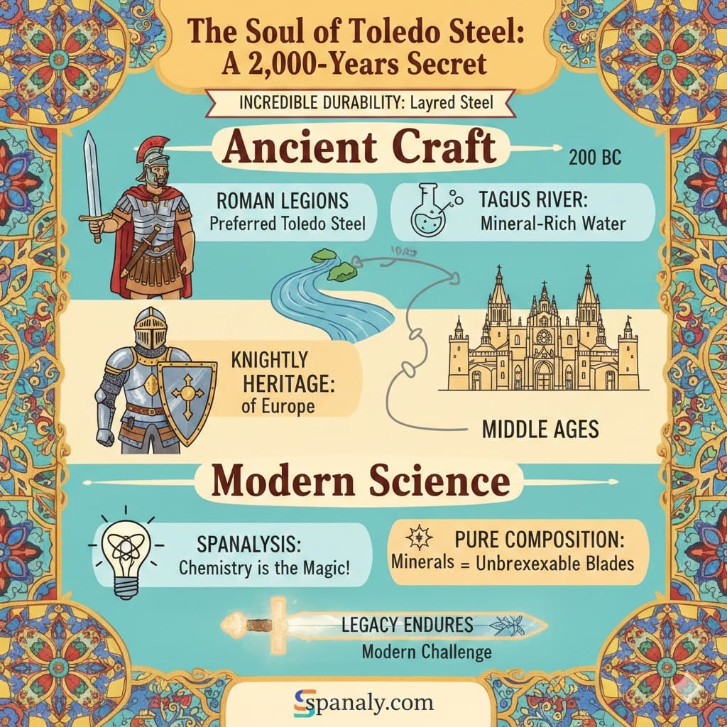 Educational infographic about the history of Toledo steel, featuring a Roman legionary, a medieval knight, and the Tagus River. The design explains the ancient tempering process and the legendary strength of Toledo swords with the Spanaly logo.