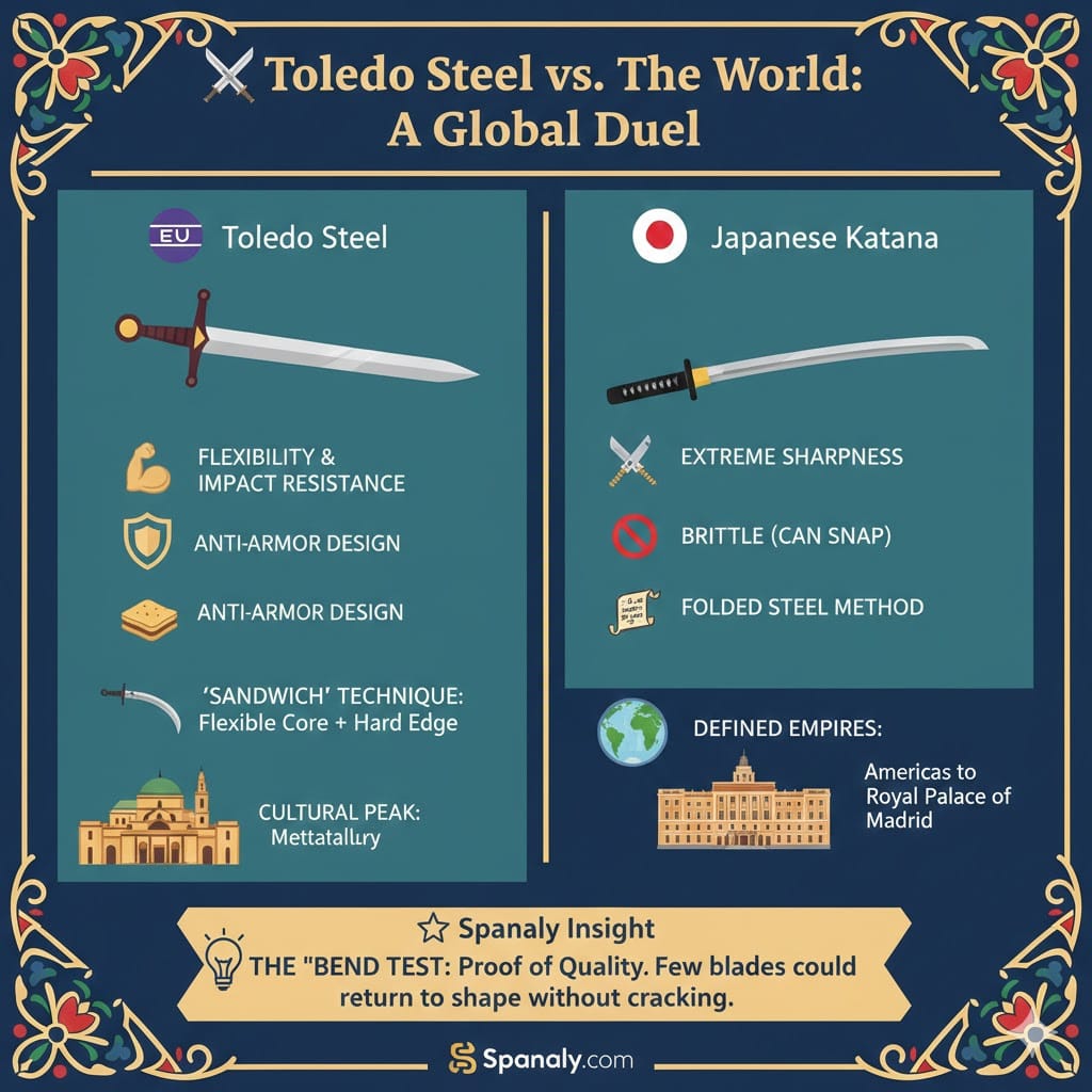 A comparison infographic between Toledo Steel and the Japanese Katana. It highlights Toledo's flexibility and anti-armor design versus the Katana's extreme sharpness. The design includes the Royal Palace of Madrid and the Spanaly logo.