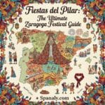 A vibrant main featured image for Fiestas del Pilar 2026. A colorful map of Spain featuring the Virgin of Pilar, fireworks, the AVE train, and locals in traditional attire. Text at the top: Fiestas del Pilar: The Ultimate Zaragoza Festival Guide. Surrounded by festive floral borders. Logo: Spanaly.com.