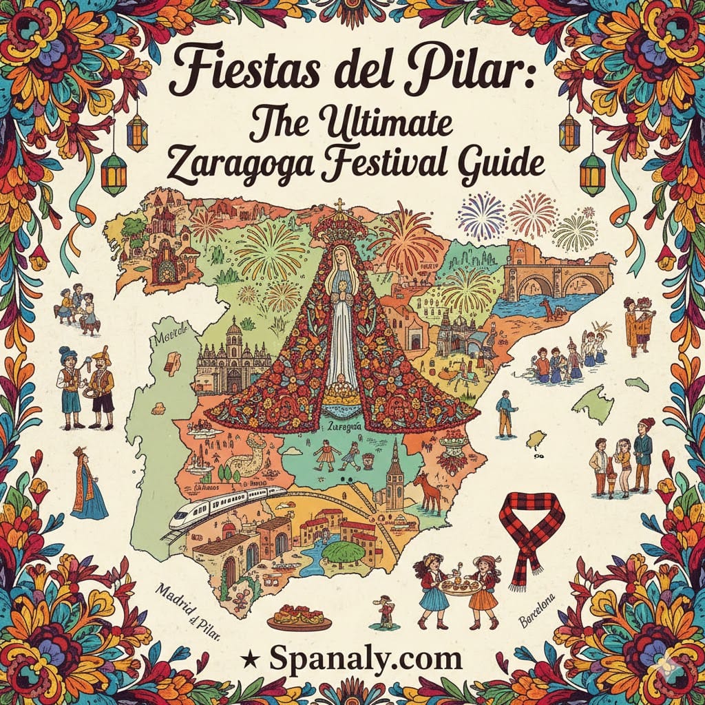 A vibrant main featured image for Fiestas del Pilar 2026. A colorful map of Spain featuring the Virgin of Pilar, fireworks, the AVE train, and locals in traditional attire. Text at the top: Fiestas del Pilar: The Ultimate Zaragoza Festival Guide. Surrounded by festive floral borders. Logo: Spanaly.com.