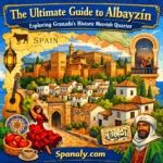 Illustrated map of Spain highlighting Albayzín in Granada, with Moorish houses, Alhambra views, and cultural symbols representing Granada’s historic Moorish quarter