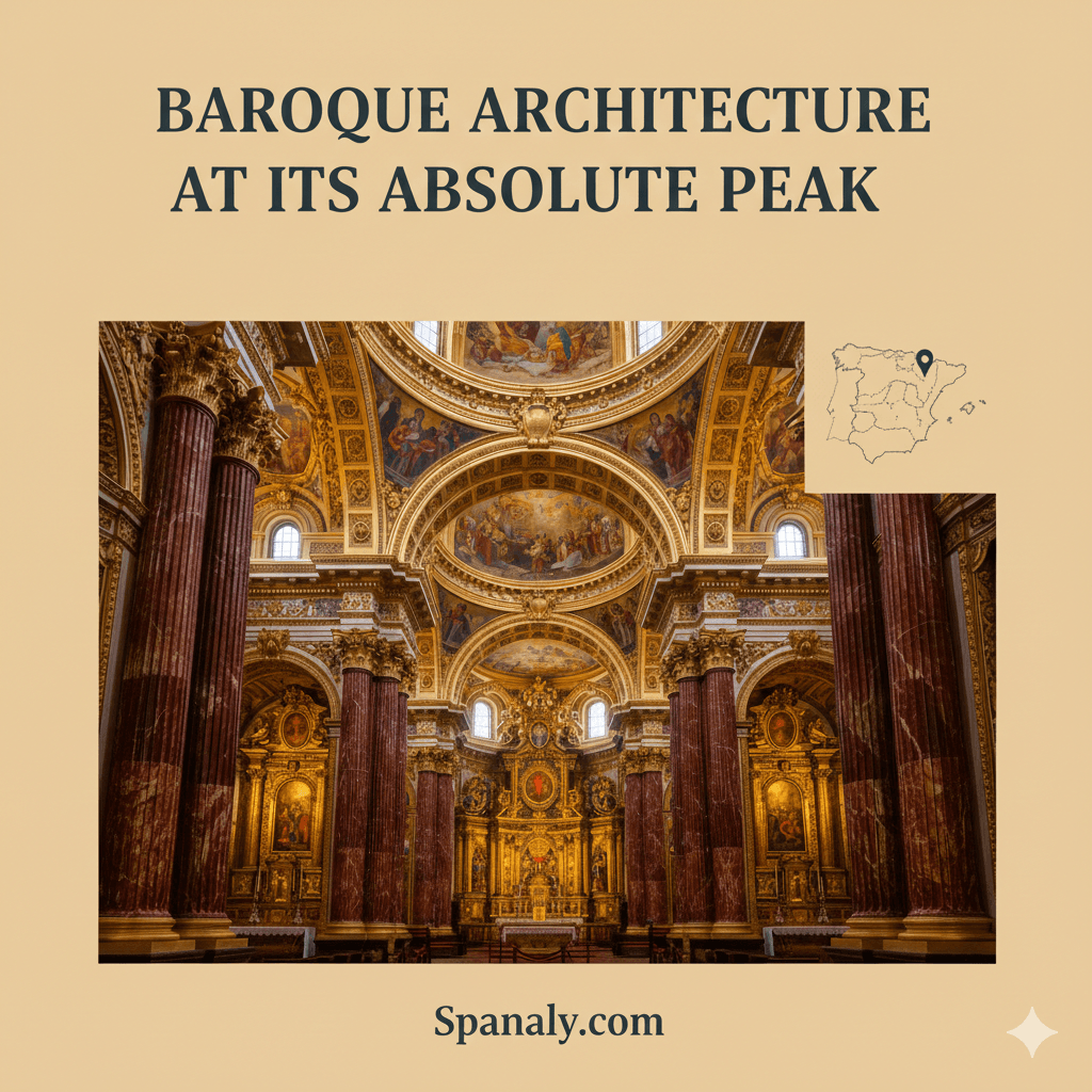 A professional infographic titled Baroque Architecture at Its Absolute Peak, showcasing the ornate interior details of Monasterio de la Cartuja with a map of Spain by Spanaly.com.