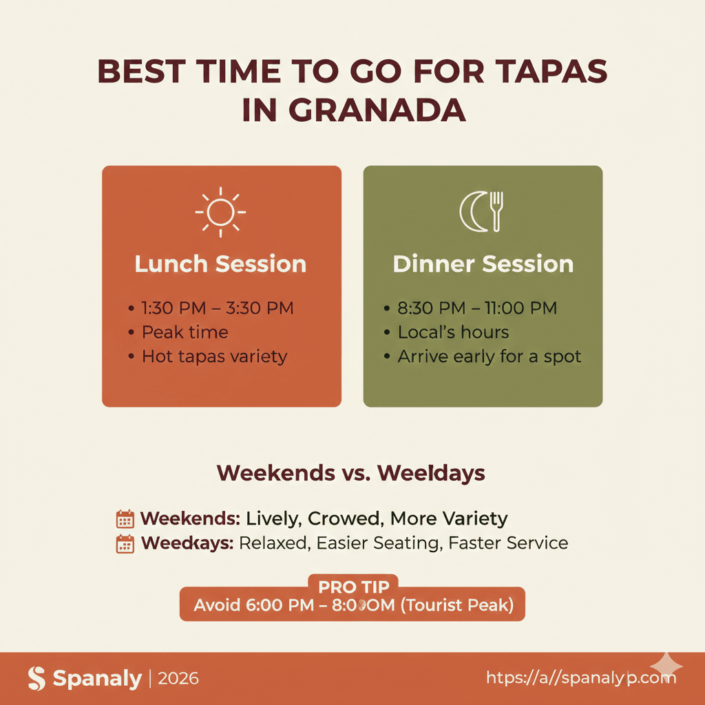 An SEO infographic showing the best times to go for free tapas in Granada in 2026, including lunch and dinner sessions and weekend tips.