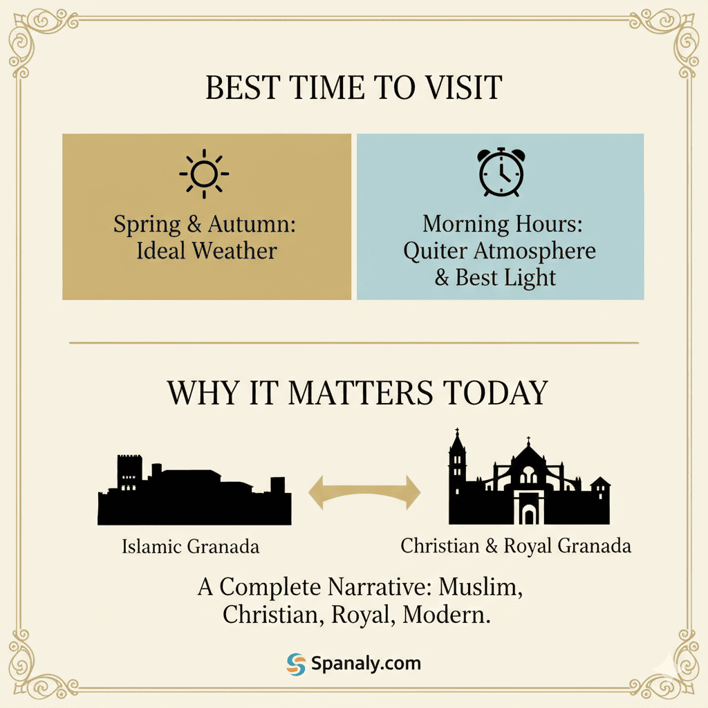 Infographic showing the best time to visit Granada Cathedral and its historical significance as a cultural bridge by Spanaly.com.