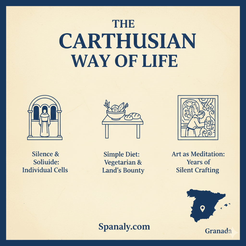Educational infographic titled The Carthusian Way of Life illustrating the daily routine and silence of monks at Monasterio de la Cartuja by Spanaly.com.