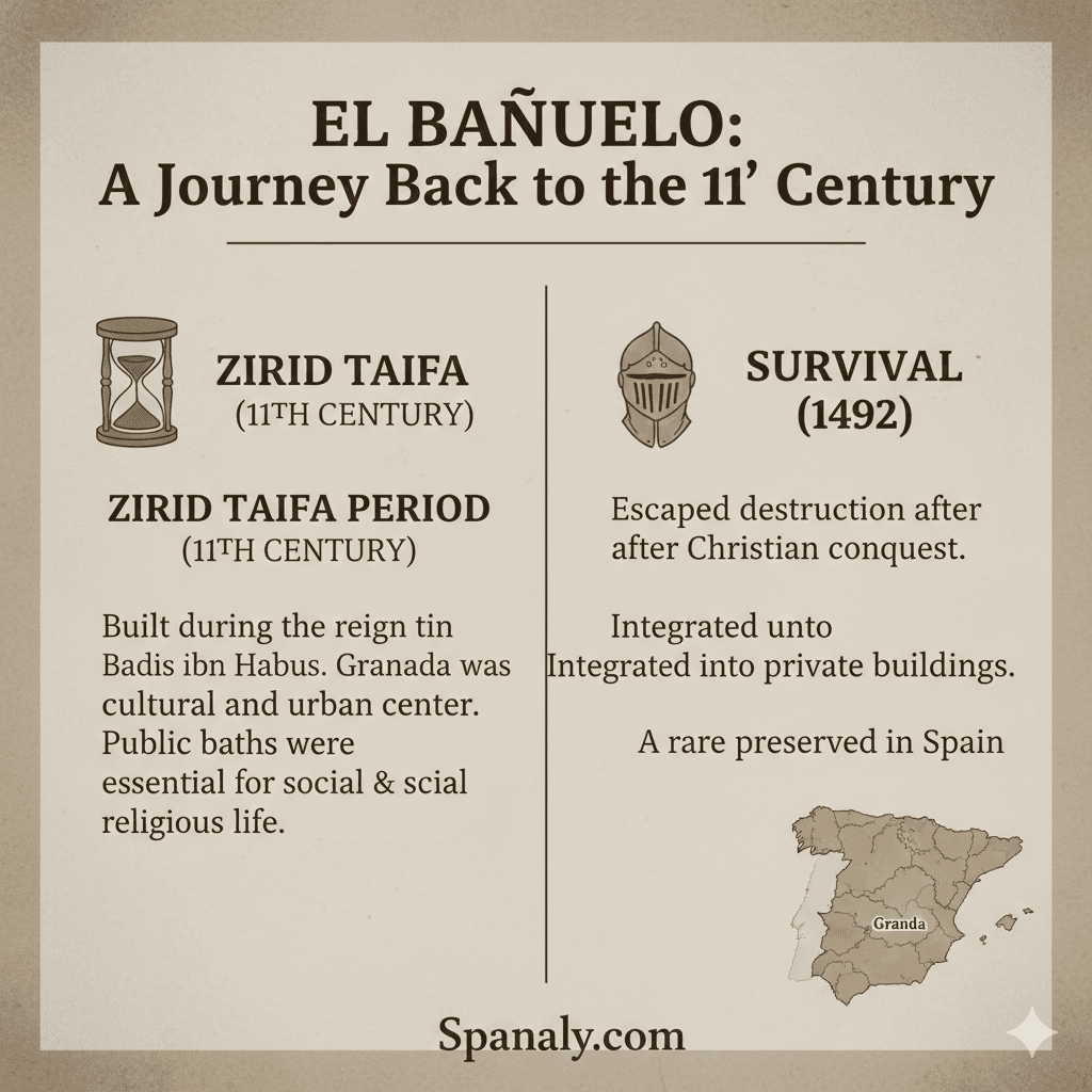 A historical infographic for El Bañuelo in Granada, showing its 11th-century origins and survival through the Christian conquest, by Spanaly.com